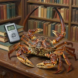 horseshoe crab with a walkman in a library full of books, oil painting, high quality, detailed