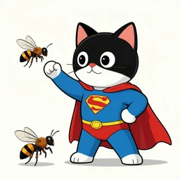 a superhero cat fighting a wasp in an art deco style