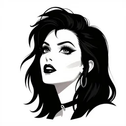 looking up at a goth girl with a detailed face and black hair, burlesque psychobilly, rockabilly, punk, white background, vector art, illustration by frank frazetta
