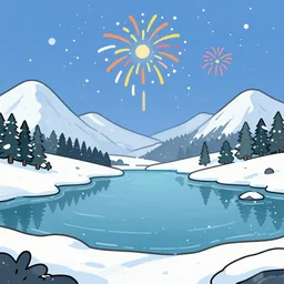 A lake between mountains, winter, snow is falling, firework, cartoon, 2D