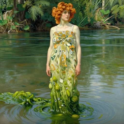 hyperrealist portrait in a river, full body green water algae by alphonse mucha and lucian freud and bouguereau, very detailed faces