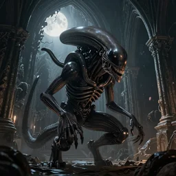 xenomorph from alien crouching inside of an ancient ghostly cathedral, moonlight coming through a hole and landing on the creature, digital painting, gothic, alien, amazing value control, frank frazetta, dramatic lighting, muted colors, sharp focus, focused light, 8 k, dark colors, in the style of dark souls and elden ring