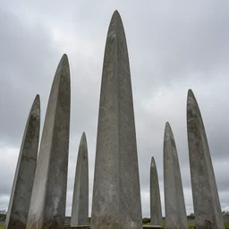 Tapered Stone Monuments with sharp edges point to the overcast sky, Digital Art, Style of Stanley Donwood, 8k, Highly Detailed