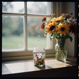 kodak portra 4 0 0, wetplate, muted colours, indian summer, still life portrait by britt marling of a single jar filled with sparkling jewels, floating dust, between a sunlit window in a room, warm bright sunlight, flower vase, colourful godrays shinging through the window, haze, a english park outside, no people