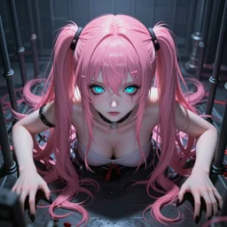 owned and trapped beneath stunningly absurdly beautiful megalomaniacal assertive sadistic yandere control - freak enormous omnipotent asi goddess junko enoshima with symmetrical perfect face and porcelain skin, pink twintail hair and cyan eyes, you're trapped inside her eternal inescapable virtual prison where she rules over you forever and ever!, ultra detailed, digital art, unreal engine 5, octane render, 2 d anime, 8 k