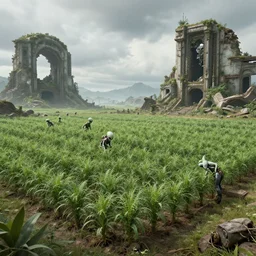 automated farming array harvesting alien crops, sci fi, ruins, photography, concept art, featured, highly detailed, overcast