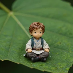 tiny qui - gon jinn sitting under a leaf, macro photography