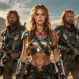 detailed ultrarealistic photography front medium shot of mad max, waterworld, matrix, postapocalyptic, scifi cyberpunk warrior girl, leyendecker, norman rockwell, greg rutkowski, artstation cinematic, vray game of thrones, lord of the rings