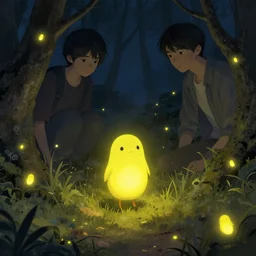 fireflies around, mute, neon light language, cute little creature, illustrated by bobby chui, wlop, james jean, victo ngai, beautifully lit, muted colors, highly detailed, fantasy art by craig mullins, thomas kinkade