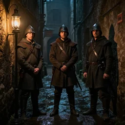 photo of three constables, guards, standing in a dark dingy damp alley, oil lamp lighting, medieval, fantasy, dnd, nighttime photograph, trending on artstation