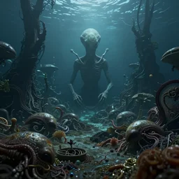 ultra realistic horror photo of a dimly lit alien underwater landscape, very intricate details, focus, full frame image, high contrast, cgi render, artwork by tooth wu and wlop and beeple and greg rutkowski, award winning