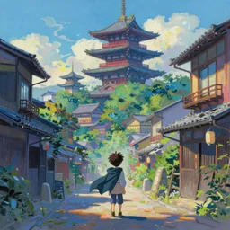 tiny lost king wearing a cape in front of a japanese city with beautiful ryokans and edo era houses. cyberpunk. beautiful blue sky. gorgeous epic nature inside the city. lofi. vivid colors, amazing light, by jeremy lipkin, by claude monet, heavily inspired by makoto shinkai, inspired by ghibli, masterpiece, multiple brush strokes, impressionist style