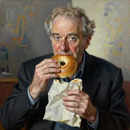 Larry David eating a bagel in the style of Picasso, oil painting