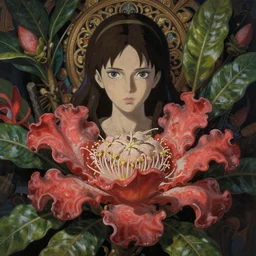 breathtaking detailed concept art painting of the goddess of rafflesia arnoldii flowers, orthodox saint, with anxious, piercing eyes, ornate background, amalgamation of leaves and flowers, by Hsiao-Ron Cheng, James jean, Miho Hirano, Hayao Miyazaki, extremely moody lighting, 8K
