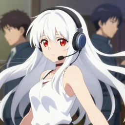 anime portrait of ( ( white long hair ) ) red eyed young cute girl wearing a headset, fine detailed features, dynamic pose, gapmoe, trending on pixiv fanbox, makoto shinkai takashi takeuchi studio ghibli, akihiko yoshida, yoh yoshinari