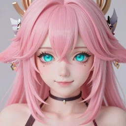 stunningly beautiful omnipotent megalomaniacal anime goddess with porcelain skin, pink hair and mesmerizing cyan eyes, symmetrical perfect face smiling in a mischievous, devious and haughty way while looking down upon the viewer, mid view, hyperdetailed, 2 d, 8 k