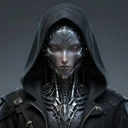 Cloaked hooded complex cybernetic omnipotent being with a biological human face, anime CGI style, dark, intricate and ornate, intricate technological ominous warrior, anime in the style of Hajime Isayama, animated, animation, rich colour and detail, brandishing iridescent legendary cosmic sword, crystals, iridescent opalescent pearlescent holographic megastructure background