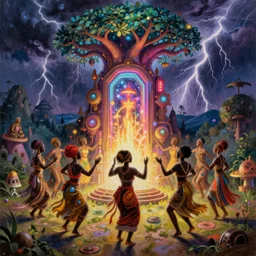 african women dancing around a glowing, energized, steampunk neon portal near the electric dragontree of life in a lightning storm, by greg rutkowski and justin bua. oil on canvas, afropunk!, afrofuturism, detailed and intricate environment, global illumination, radiant lighting. highly detailed. masterpiece