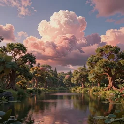 a pond with fantasy trees serene puffy cloudy sky of candy clouds, Digital Matte Illustration by RHADS and asher brown durand