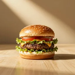 commercial photograph of a burger on a table, realistic, sharp focus, golden ratio, 8 k octane render, smooth, mcdonalds, burger king, sony camera, global lighting, intricate details