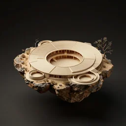 architectural model, isometric view, 3 d render, studio lighting, low contrast, dark background, highly detailed, a circular house with circular courtyards floating on rocks on a desert, tree branches