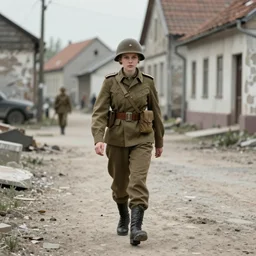 a female soldier walks through a liberated town, 1 9 4 5