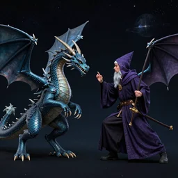 a dragon, a wizard, dueling, space, trending on artstyle