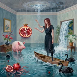 tall female emo artist in her flooded apartment, water gushing from ceiling, painting of flood waters inside an artist's home, a river flooding indoors, pomegranates, pigs, ikebana, zen, water, octopus, river, rapids, waterfall, black swans, canoe, berries, acrylic on canvas, surrealist, by magritte and monet