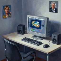 A mixed media painting of a home office and gaming setup from the nineties, CAD software is on the crt screen, by Frank Frazetta, Greg Rutkowski, Beeple, post-processing, low angle, masterpiece, cinematic, isometric, volumetric lighting