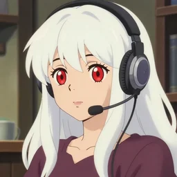 anime visual of a young woman, large red eyes, long white hair, ( ( wearing a headset in her room interior ) ), anime poster, cute face by ilya kuvshinov, studio ghibli, makoto shinkai, 4 k, cel shaded,