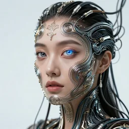 beautiful _ woman _ integrating _ with _ technology _ full _ face _ detailed _ intricate _ ornate _ cables _ connected _ to _ head _ big _ open _ electric _ eyes _ luxurious _ detailed