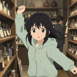 anime visual, portrait of a young female wearing a hoodie in a potion shop interior shopping, black hair, low light, cute face by yoh yoshinari, ilya kuvshinov, makoto shinkai, katsura masakazu, dynamic pose, dynamic perspective, cel shaded, flat shading mucha, crisp and sharp, rounded eyes, moody, detailed facial features