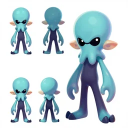 character design sheets for a new vampire squid character, artwork in the style of splatoon from nintendo, art by tim schafer from double fine studios, black light, neon, spray paint, punk outfit, tall thin adult character, fully clothed, gothic
