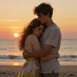a boy embracing an emotional girl on the beach, sundress, sunset, extremely detailed, raytracing, art by artgerm, alphonse mucha, artstation
