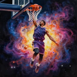 Expressive painting of a basketball player dunking, depicted as an explosion of a nebula, evokes delight, digital art by Krenz Cushart, trending on artstation