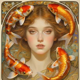Portrait of a girl surrounded by Koi fish, face, fantasy, intricate, elegant, highly detailed, digital painting, artstation, concept art, smooth, sharp focus, illustration, art by Krenz Cushart and Artem Demura and alphonse mucha