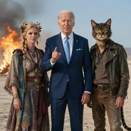 photo of evil Joe Biden attending burning man with ecofeminist Donald Trump and a catboy Nick Land, photorealism, extremely detailed, soft lightning, playa, HD