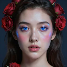 meredit frampton style hight focus of a wonderful realistic sweet wonderful symmetrical portrait of a lady with a clear skin made of roses, one flash on sx, one flash dxwith a gelatine blu light, cinematic, artstation, octane render 8 k