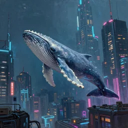 a beautiful painting of a whale suspended in mid air near a skycraper, cyberpunk city, neon lights, cinematic shot, volumetric light, detailed, epic