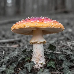 award winning photo of a huge beautiful colorful mushroom on the smallest desaturated tree with ivy on the ground