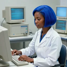 dark skin woman wearing a white lab coat with a blue haircut, connected to wires, surrounded by 1 9 8 0 s computers, in the style of serial experiments lain and evangelion 1 9 9 5, dynamic lighting, dark ambience, cell - shaded, detailed face, retro tech