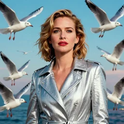 portrait of Julia Roberts looking like Andy Warhol wearing a silver coat. Background has many dancing colorfull seagulls flying around, hypermaximalistic, high details, cinematic, 8k resolution, beautiful detailed, insanely intricate details, artstation trending, octane render, unreal engine