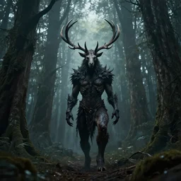 the soul thief, dark forest, fantasy world, mystical physique with antlers, wide shot view