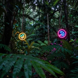 a rainforest clearing softly lit by neon signs, leaves in foreground, HD, 8k, high resolution, photo