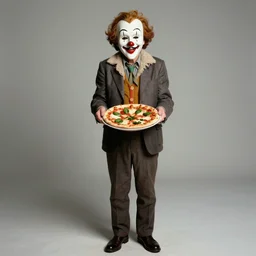 portrait photo of pale wrinkled man, with pulcinella mask, holding a pizza margherita, studio photography, diffuse light, full body, sharp focus, clear eyes, photo by annie leibovitz