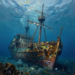 an ancient shipwreck on the seafloor in the depths of the ocean, underwater, atmospheric immersive oil painting