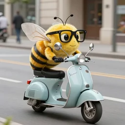 a bee riding a vespa scooter, black glasses