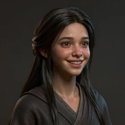 realistic style at CGSociety by WLOP,ilya kuvshinov,krenz cushart,Greg Rutkowski,trending on artstation.Zbrush sculpt colored,Octane render in Maya,Houdini VFX.Realistic cute young girl who is dark disciple,expressing joy,wearing robe,silky hair, deep eyes.Oil painting.Cinematic dramatic atmosphere,sharp focus,soft volumetric studio lighting.