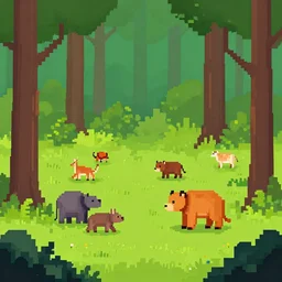 forest with wild life in pixel art