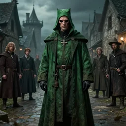 A fancy portrait of a green Plague Doctor in a medieval village by Greg Rutkowski, Sung Choi, Mitchell Mohrhauser, Maciej Kuciara, Johnson Ting, Maxim Verehin, Peter Konig, Bloodborne, 8k photorealistic, cinematic lighting, HD, high details, dramatic, dark atmosphere, trending on artstation